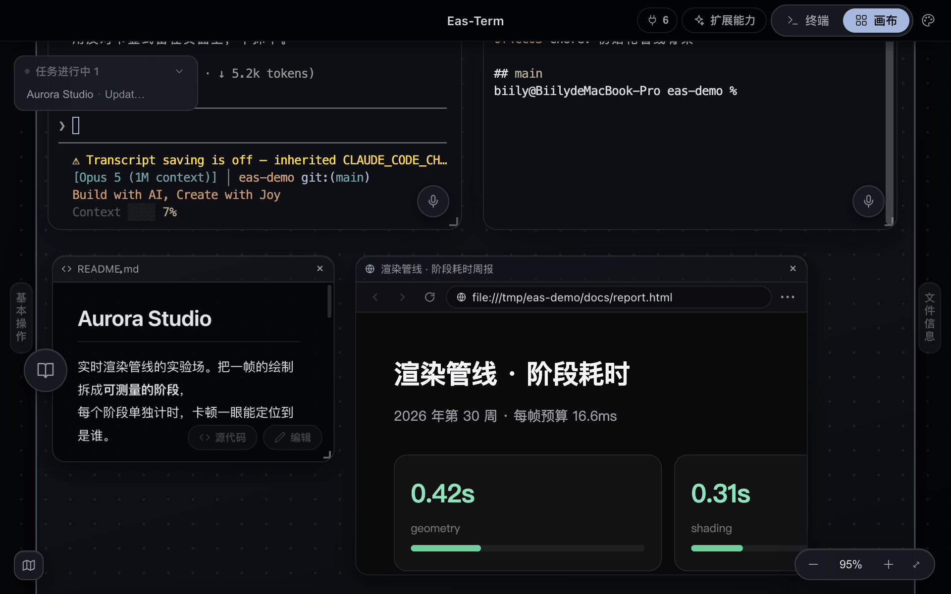 Claude Code 刚把周报写完，产出的页面就在画布上开着