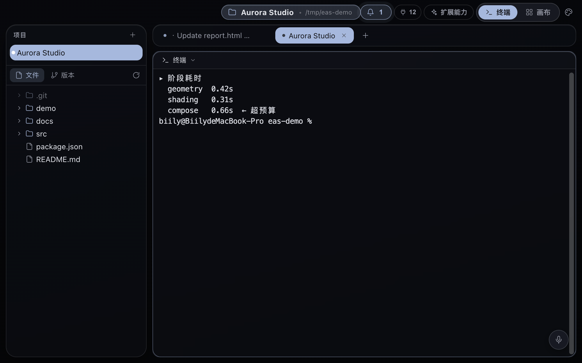 终端模式：左侧项目文件树，右侧终端与项目标签组